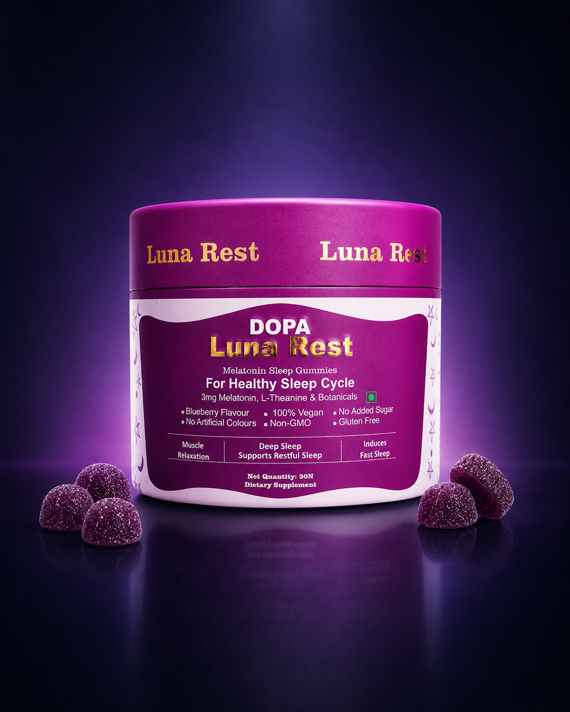 DOPA Luna Rest Melatonin Sleep Gummies - studio shot with blueberry gummies
